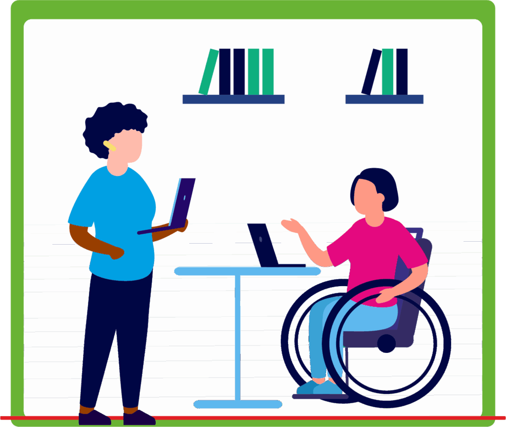 Zwei Personen arbeiten gemeinsam am Laptop – eine steht, die andere sitzt im Rollstuhl. Das Bild symbolisiert Inklusion und Zusammenarbeit im Berufsleben.