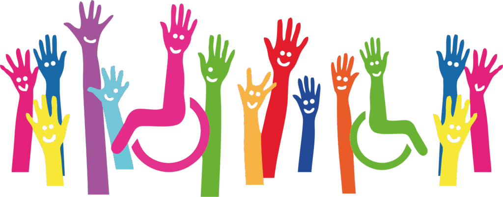 Logo des Vereins – bunte, lachende Hände in verschiedenen Farben, teils in Rollstuhlform, symbolisieren Vielfalt, Freude und Inklusion.