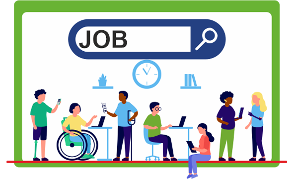 Menschen mit und ohne Handicap suchen gemeinsam nach Jobs; einige sitzen im Rollstuhl, andere stehen oder sitzen, während sie Smartphones und Laptops nutzen.